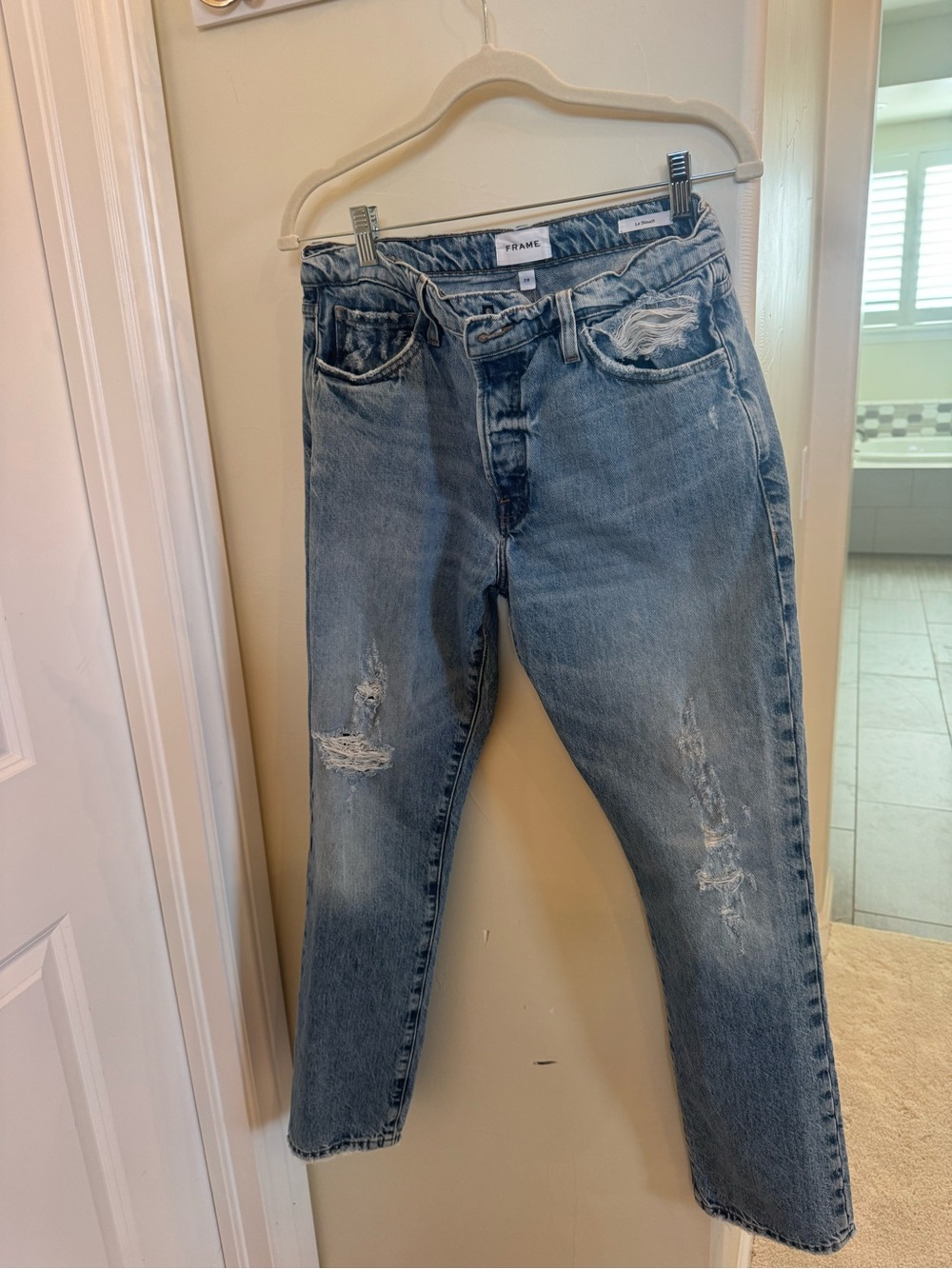 FRAME Le Slouch Bluejay Rips Distressed Straight Leg Jeans 28
